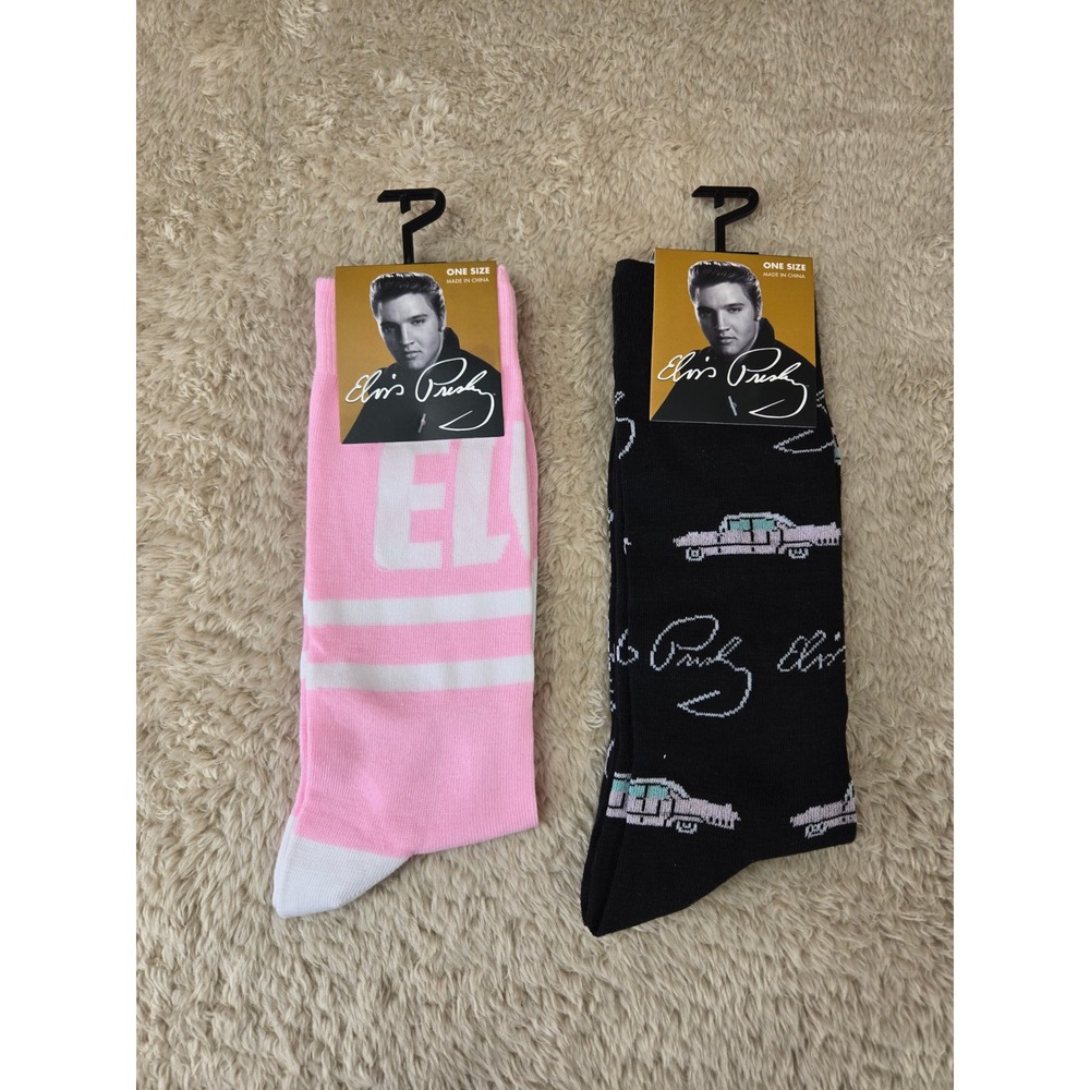 Elvis Presley Crew Socks 2 Pair Bundle‎ Pink Cadillac Signature Mens US 7-12 NEW